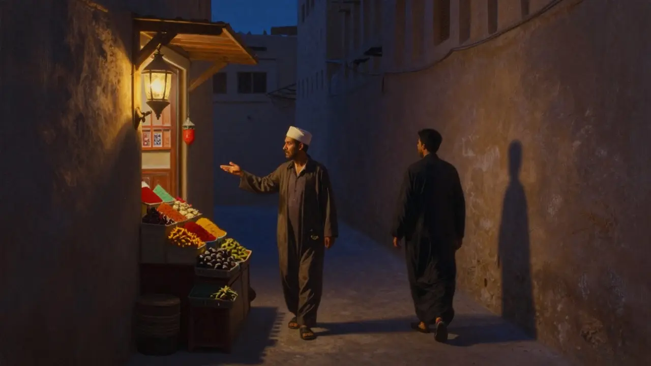 Two figures walking through lantern-lit alleys of Al Fahidi at midnight, surrounded by hidden spice stalls.
