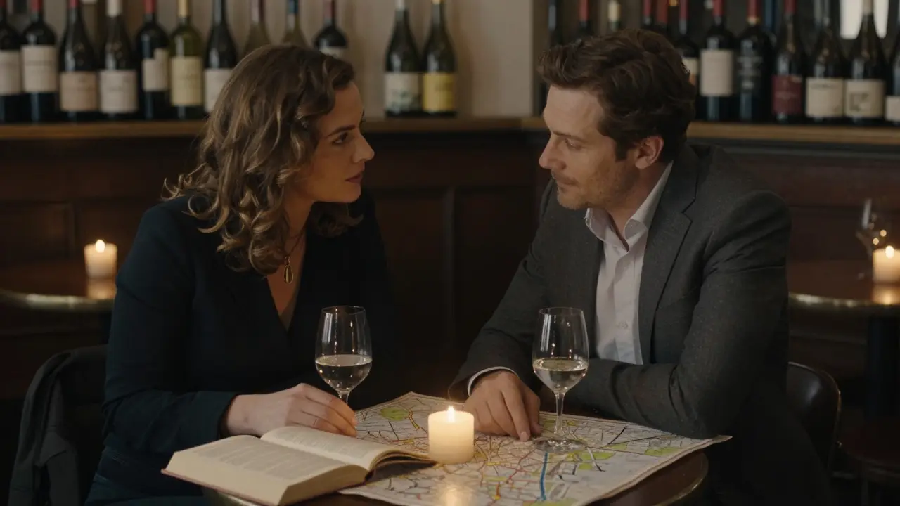 Two people in a dimly lit Soho wine bar, discussing a map and books over wine.