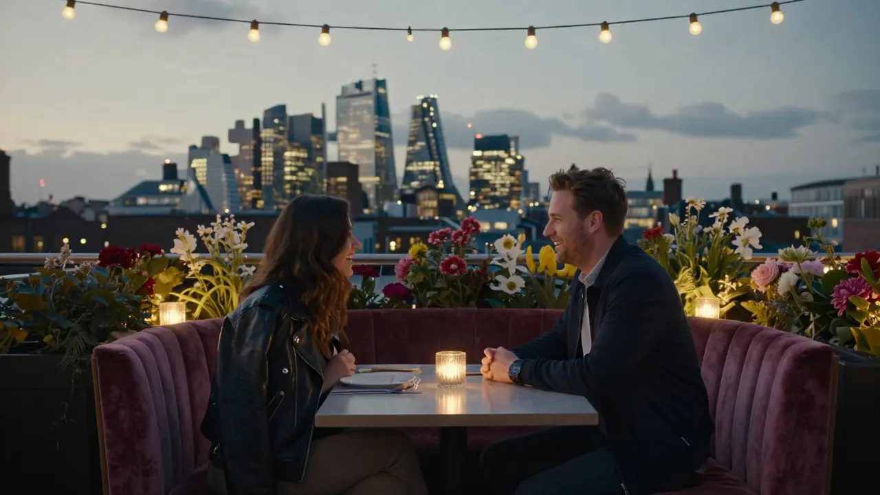 Two people seated at The Roof Gardens in Kensington, overlooking London's twilight skyline.