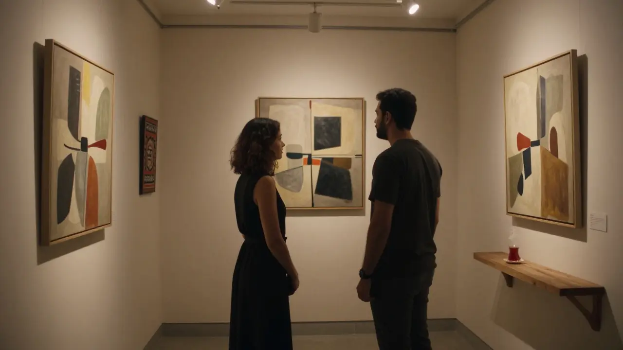 Two people standing together in a hidden art gallery, quietly appreciating a painting under soft gallery lights.