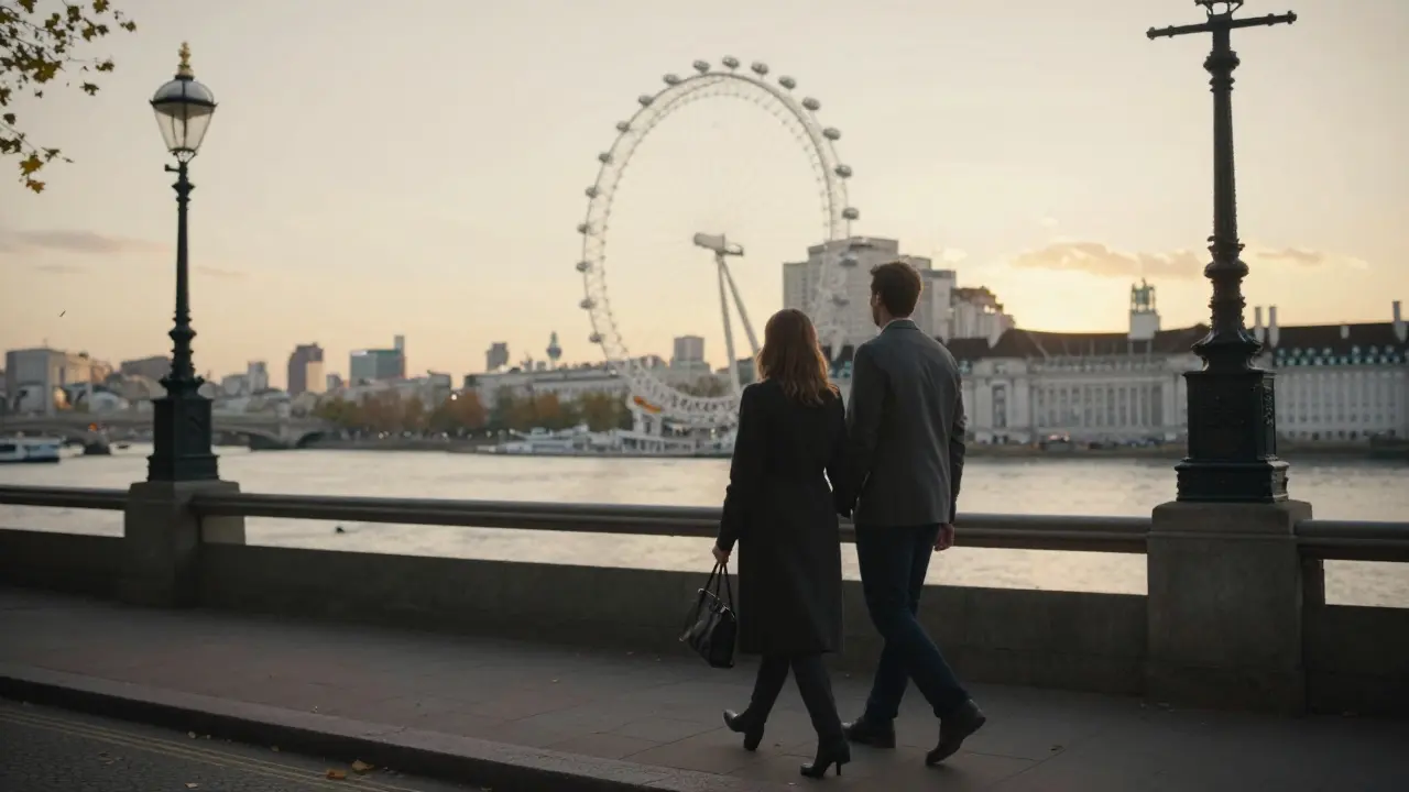 Two people walking peacefully along a riverside garden at sunset, with London landmarks faintly in the distance.