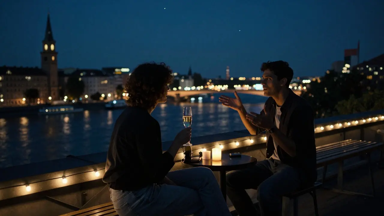Two silhouettes talking quietly on a Berlin rooftop under string lights at night.