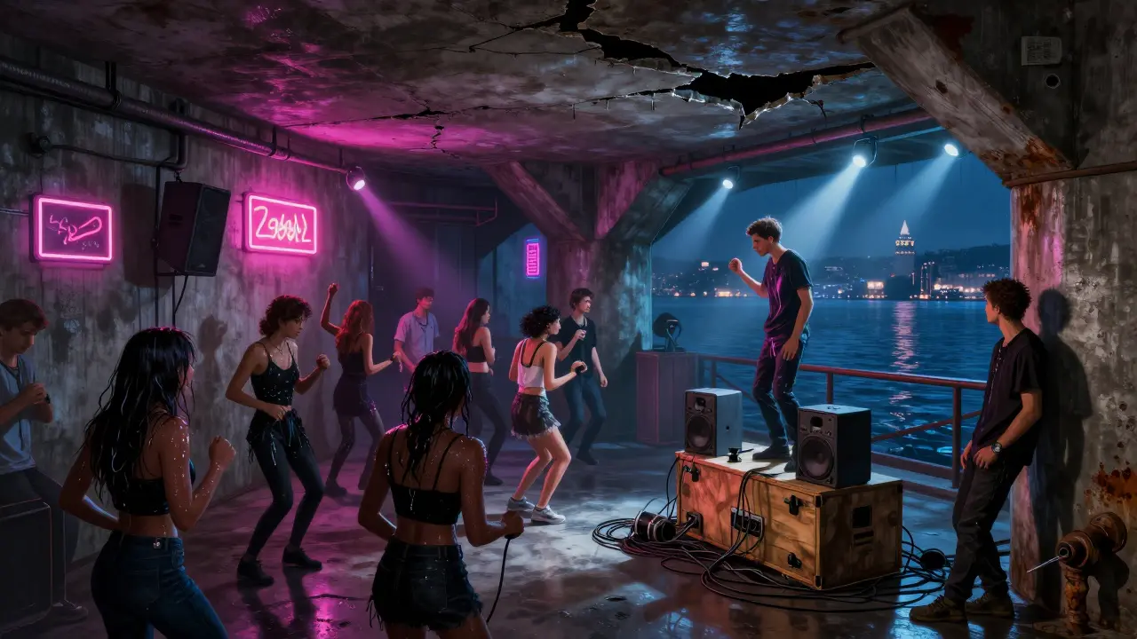 Underground nightclub beneath Galata Bridge with dancers and neon lights.