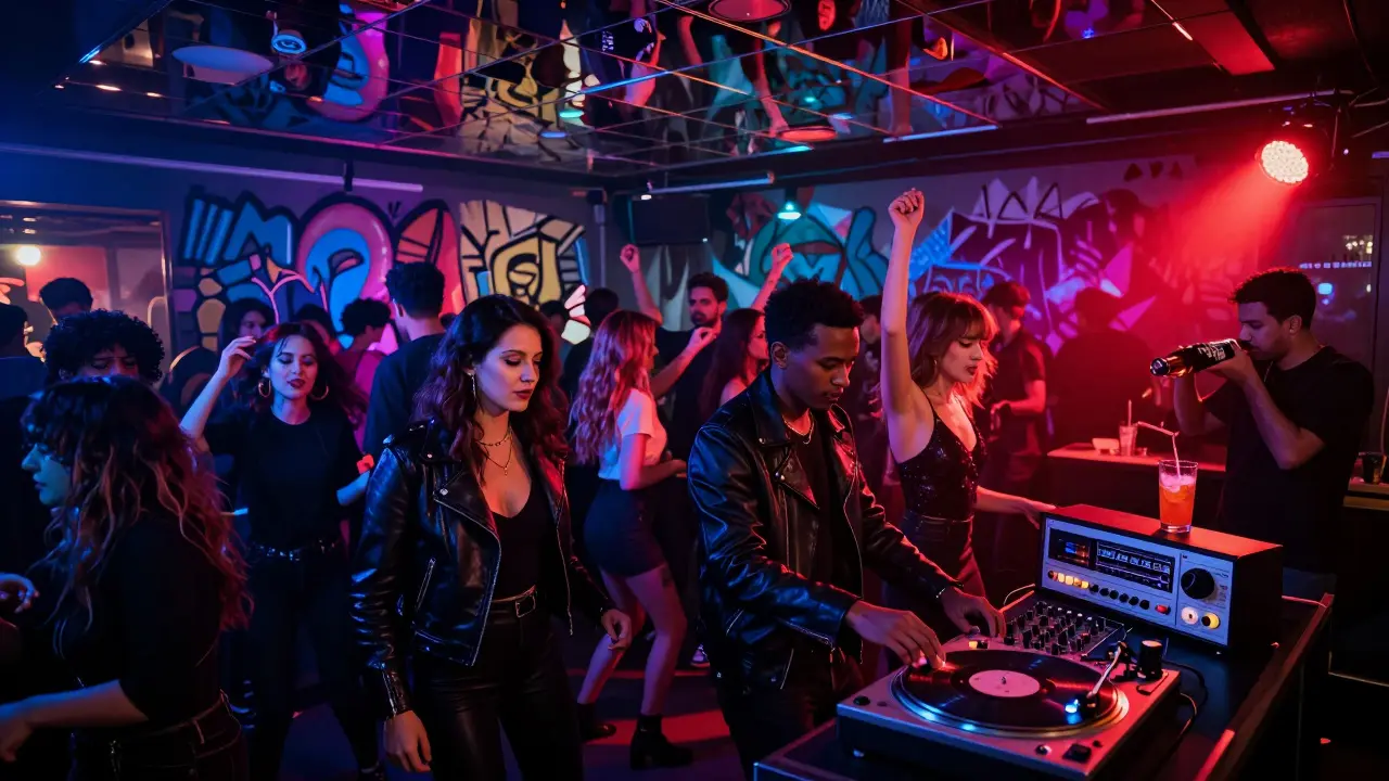 Vibrant crowd dancing under neon lights at Mao club in Porta Venezia with funk music and bold fashion.