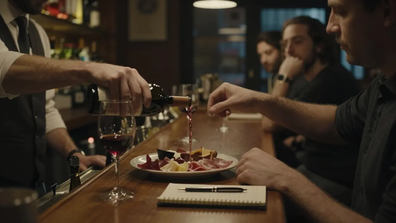 A bartender serving wine to a solitary guest at a narrow Parisian wine bar with shelves of bottles glowing in soft light.