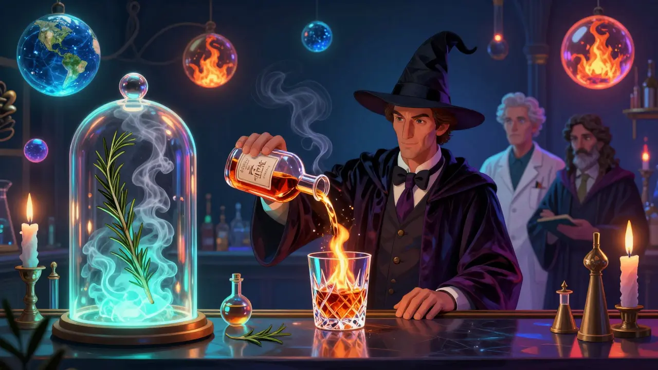 A cocktail lab where drinks are served with fire and smoke, blending science and fantasy.