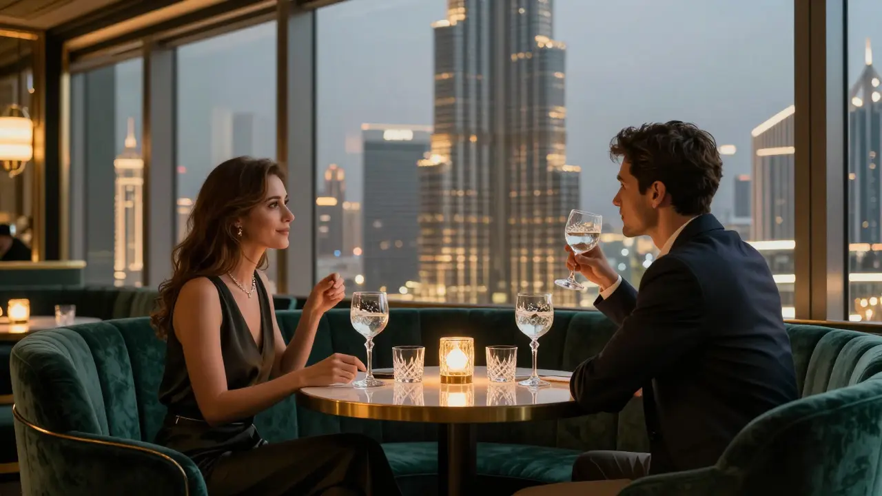 A couple enjoying cocktails at a high-rise bar with a breathtaking view of Dubai's illuminated skyline.