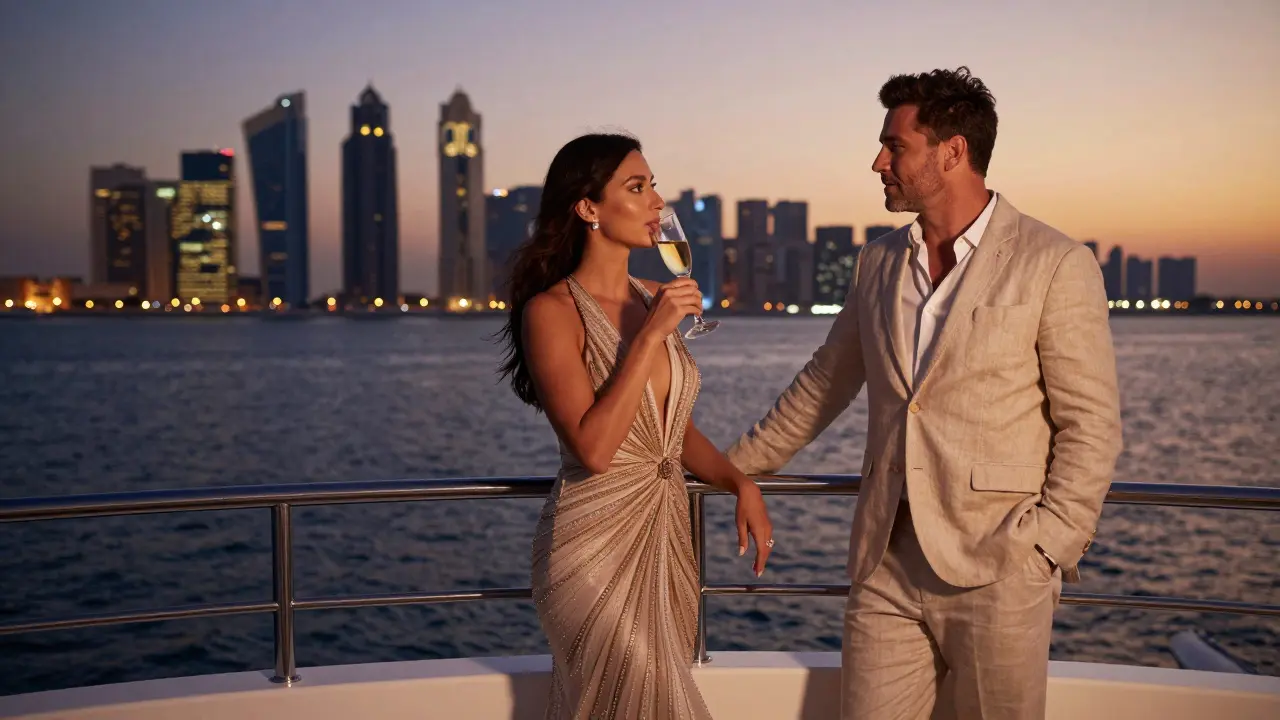 A couple enjoys sunset champagne on a private yacht overlooking Abu Dhabi's skyline.
