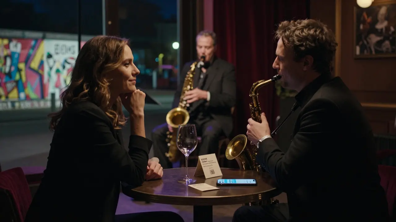 A couple shares a quiet moment in a hidden Berlin jazz club, wine glass and museum ticket on the table, saxophone playing softly in the background.