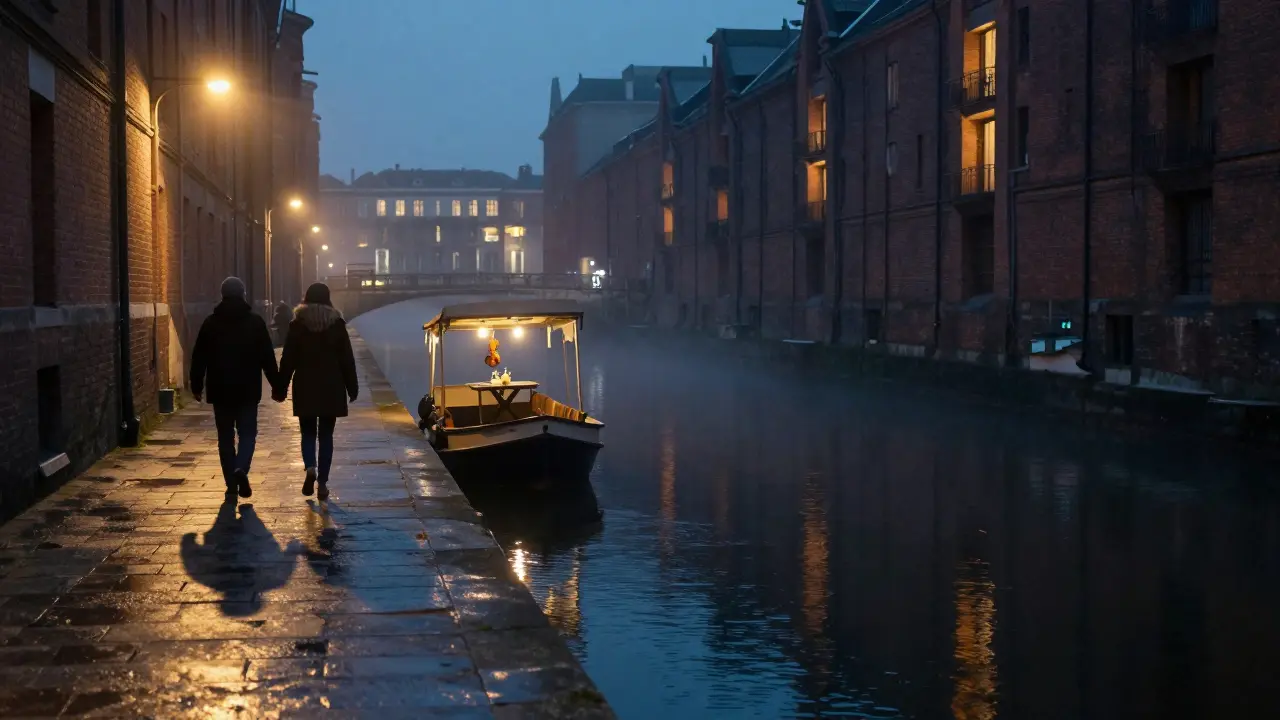 A couple walking hand in hand along a quiet canal at midnight, lights reflecting on water with a floating bar in the distance.
