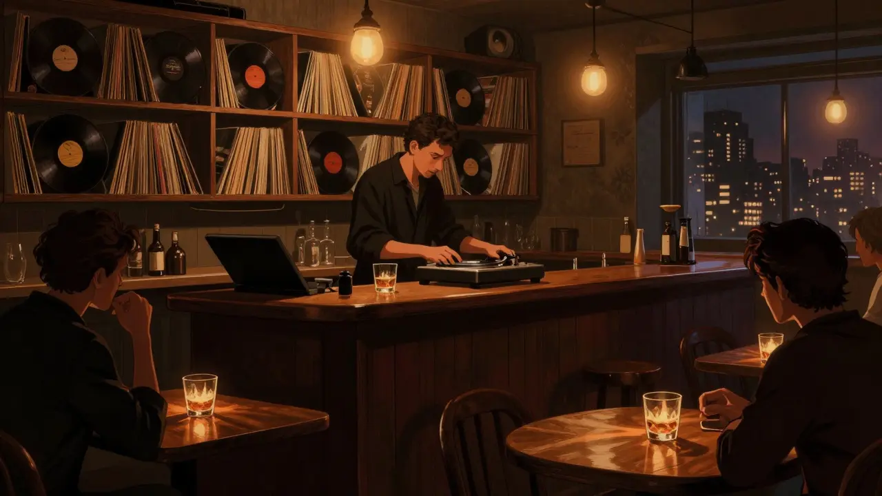 A cozy basement bar with vintage vinyl records and warm lighting, patrons enjoying drinks late at night.