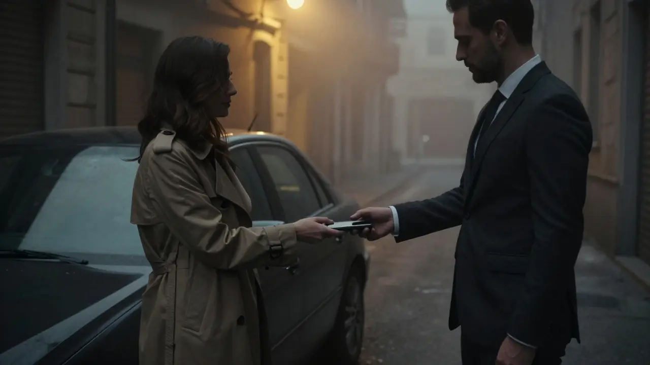 A discreet exchange in a dim Milan alley at dawn, faces shadowed, a luxury car waiting nearby.