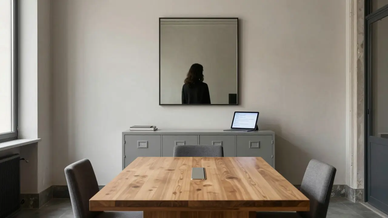 A discreet professional meeting room in Milan with encrypted communication, emphasizing privacy and confidentiality.