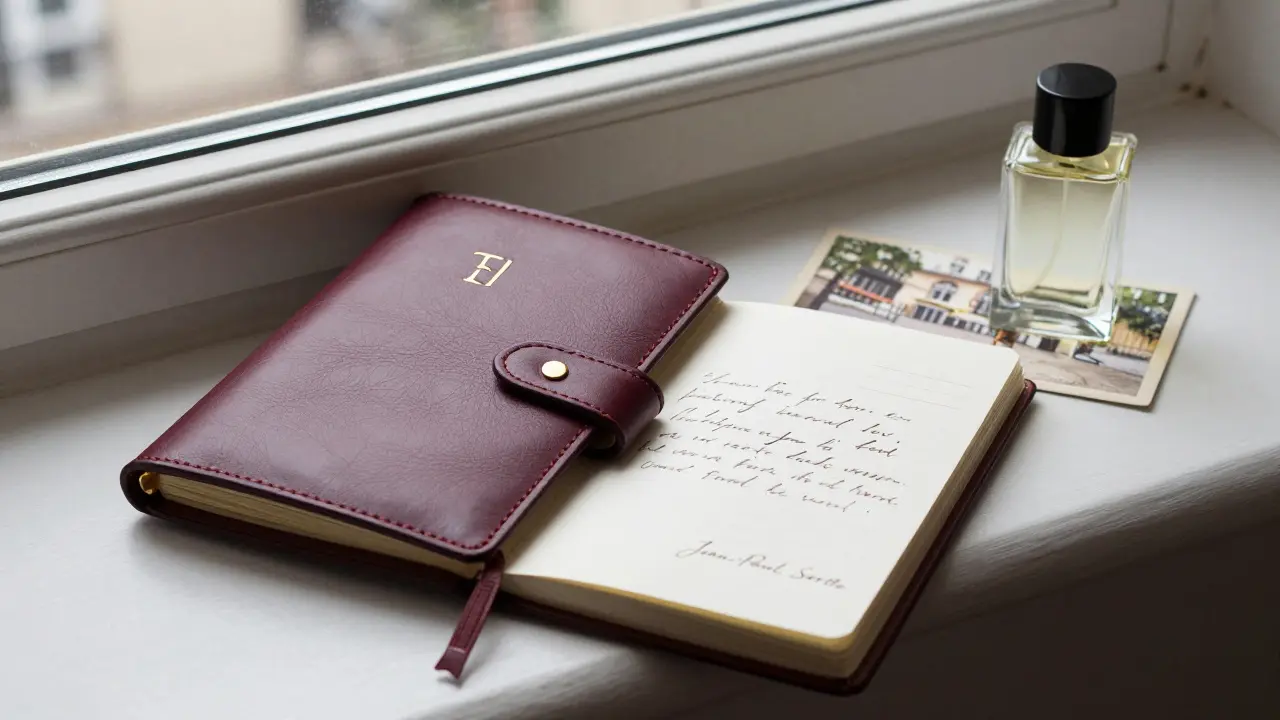 A handcrafted leather journal with gold initials and a Sartre quote, resting beside perfume and a postcard on a sunlit windowsill.