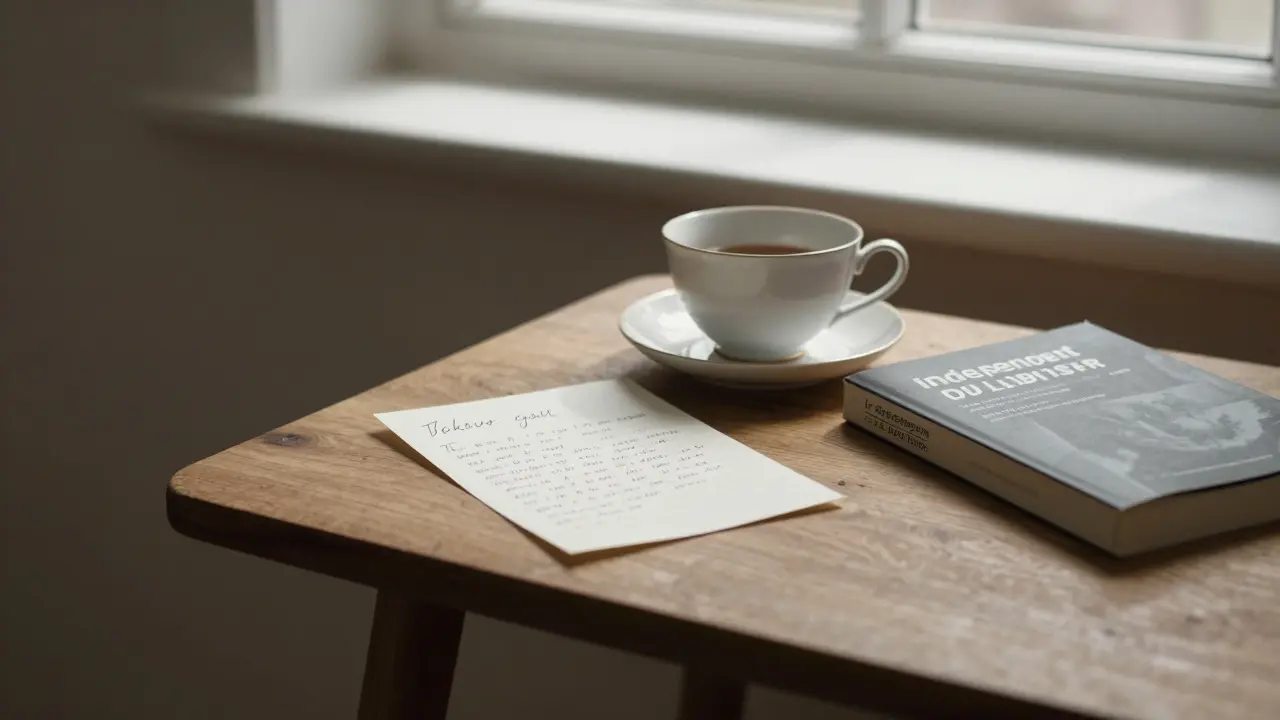 A handwritten note and a novel rest beside a teacup on a wooden table, sunlight streaming through a window.