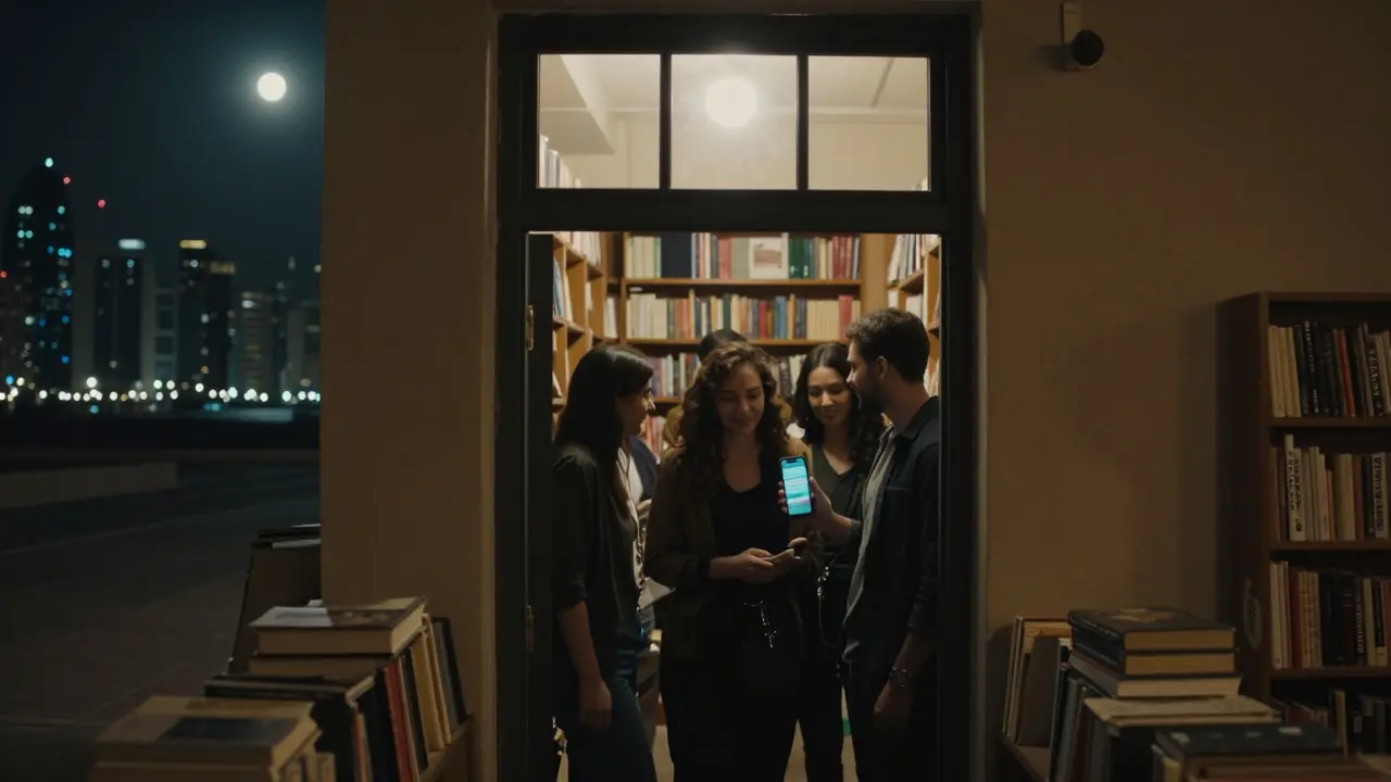 A hidden entrance above a bookstore at night, people quietly entering a private queer space.