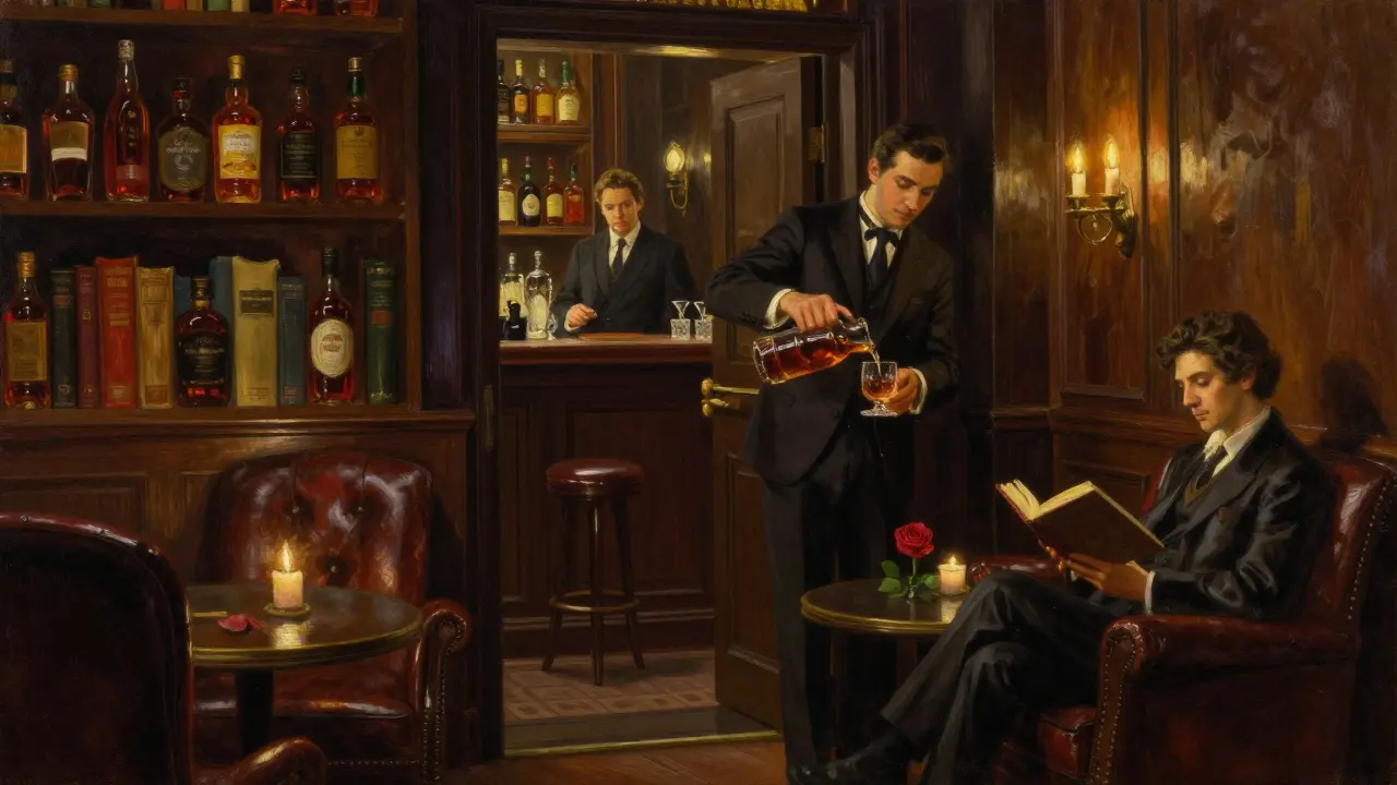 A hidden speakeasy with candlelight, vintage decor, and a bartender pouring a drink behind a secret bookshelf door.