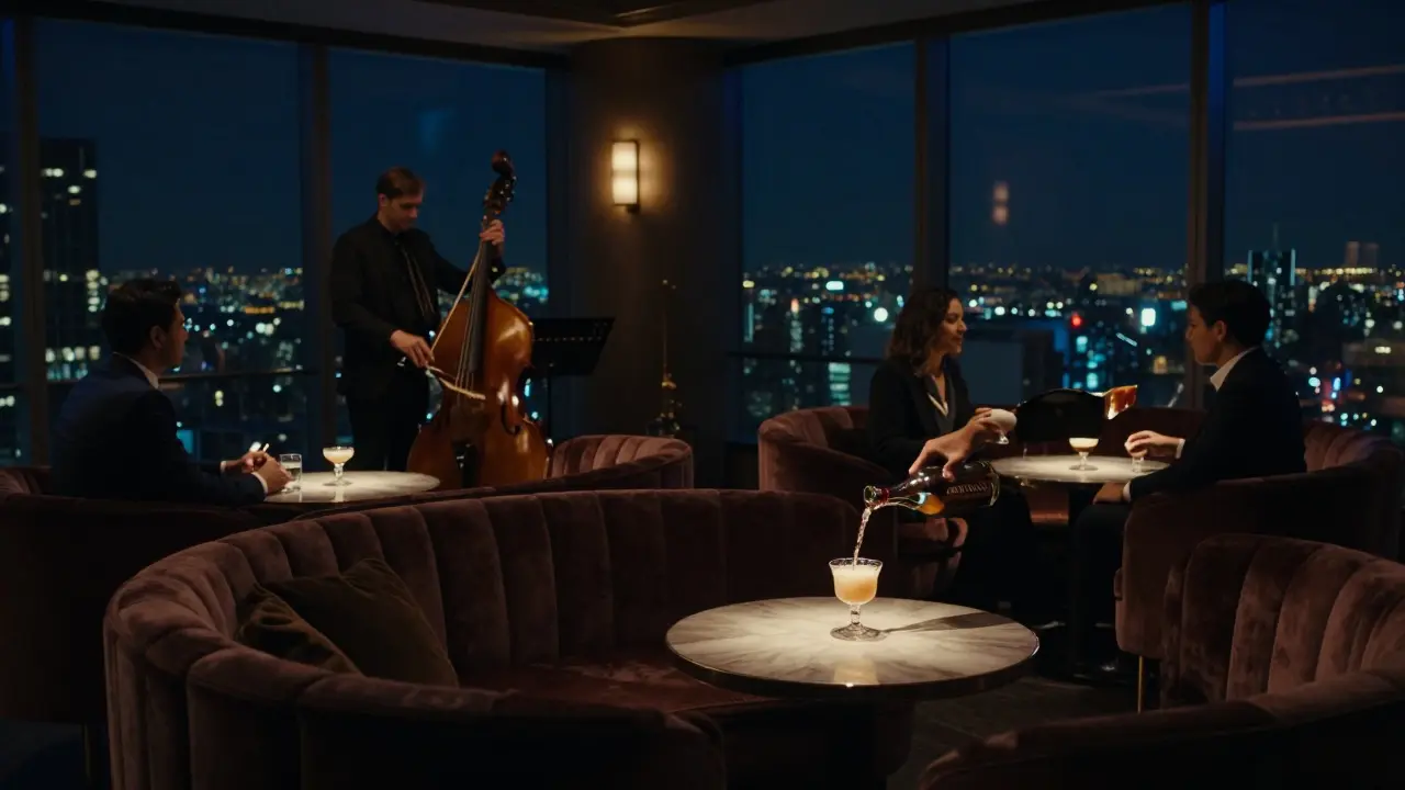 A intimate members-only club with live jazz, dim lighting, and sophisticated patrons conversing quietly in smart casual attire.