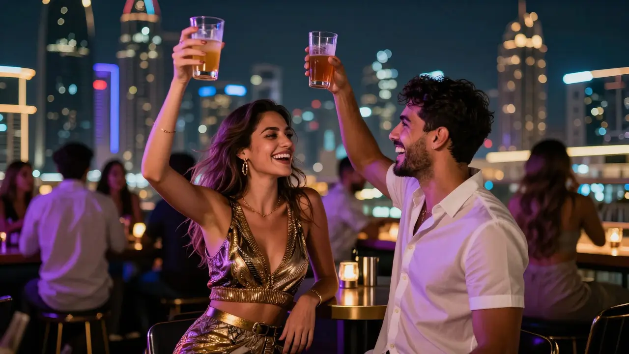 A lively couple laughing at a Dubai rooftop bar, city lights and neon glowing in the background.