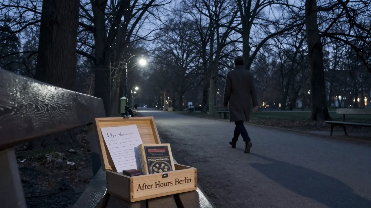 A lone figure walks through Tiergarten at night beside a small wooden box labeled 'After Hours Berlin,' containing a note, chocolate, and book under starlight.