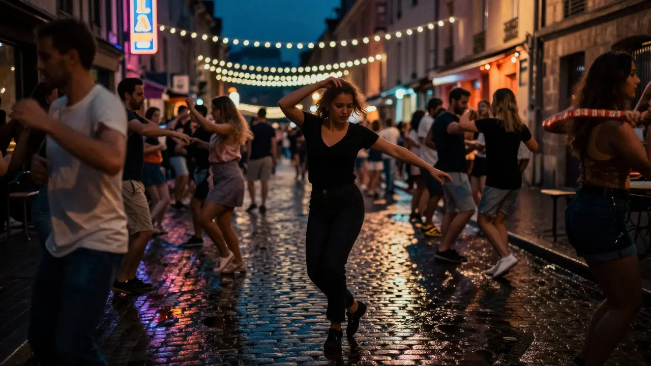 A lone person dancing freely on a nighttime street in Paris surrounded by a crowd of anonymous dancers under string lights.