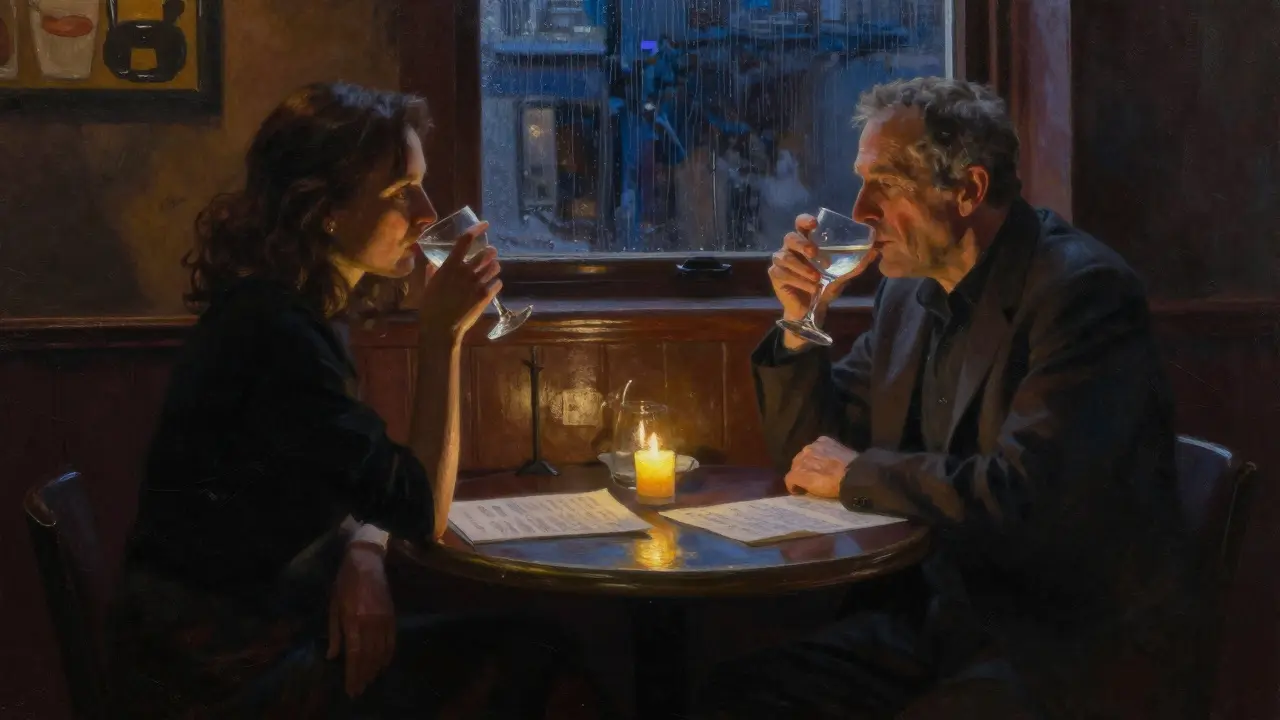 A man and woman in a dim jazz lounge, sharing a silent, emotional moment over gin and candlelight.