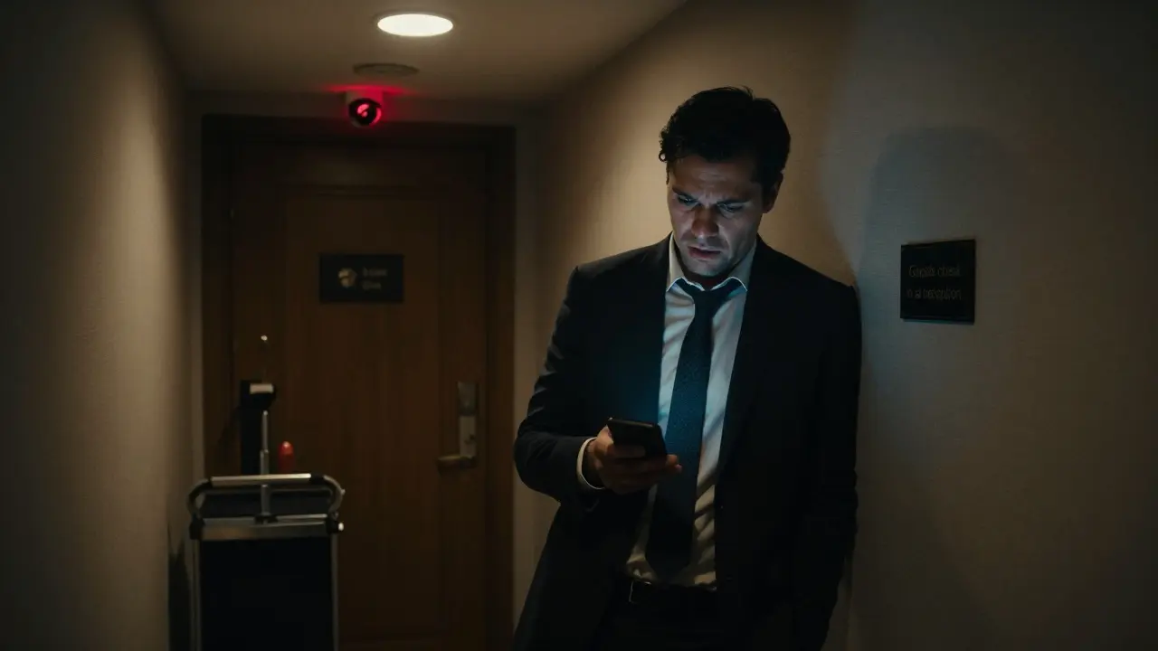 A man hesitating outside a hotel room door at night, security camera glowing red, holding a booking confirmation, tension in the air.