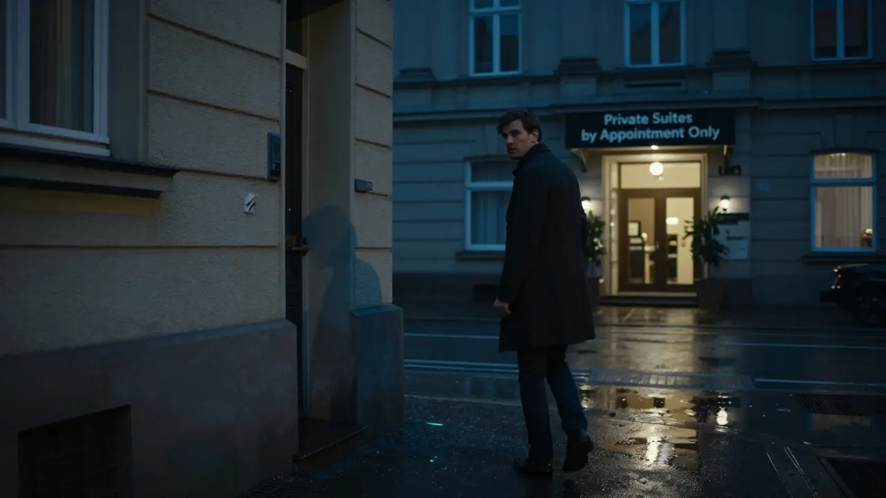 A man walking away from an unsecured Berlin building at night, while a safe hotel entrance glows in the distance.