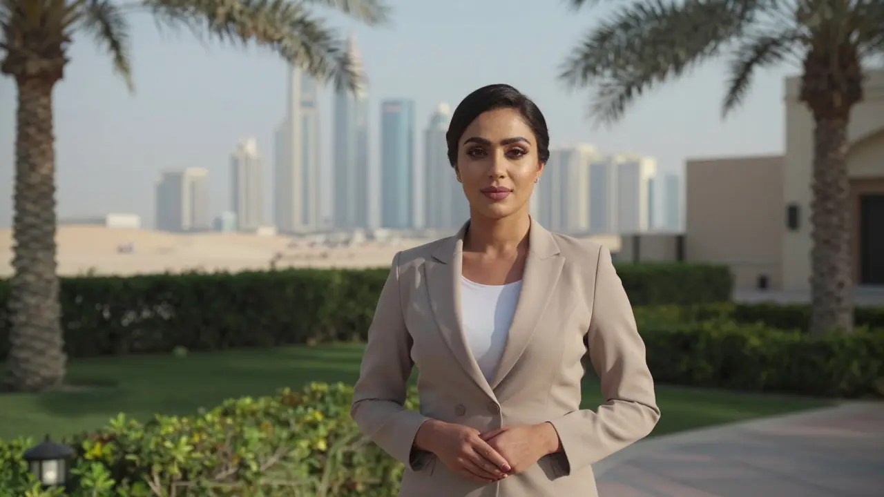 A naturally lit, unfiltered photo of a professional woman in Abu Dhabi, standing in a quiet garden near a luxury hotel.