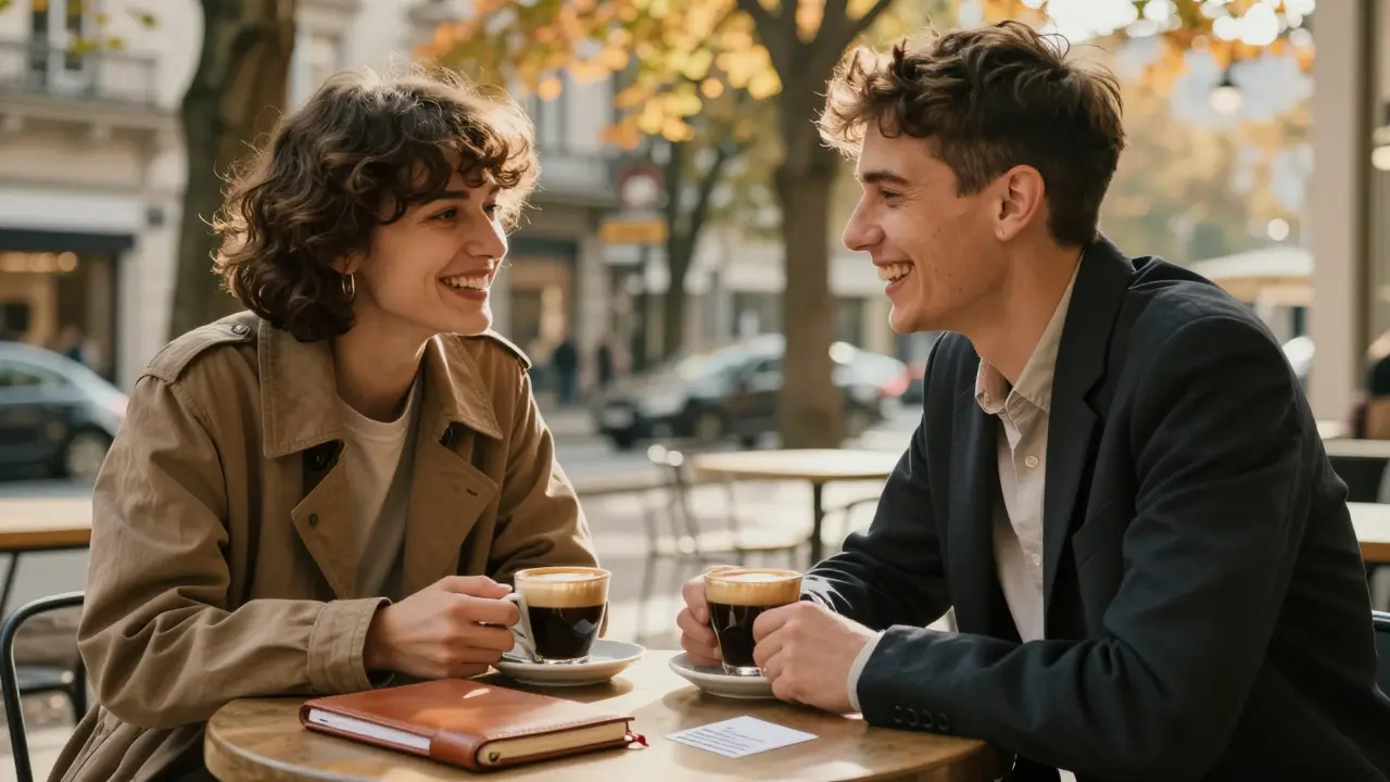 A non-binary escort and client laughing over coffee in a Berlin café, engaged in thoughtful conversation.