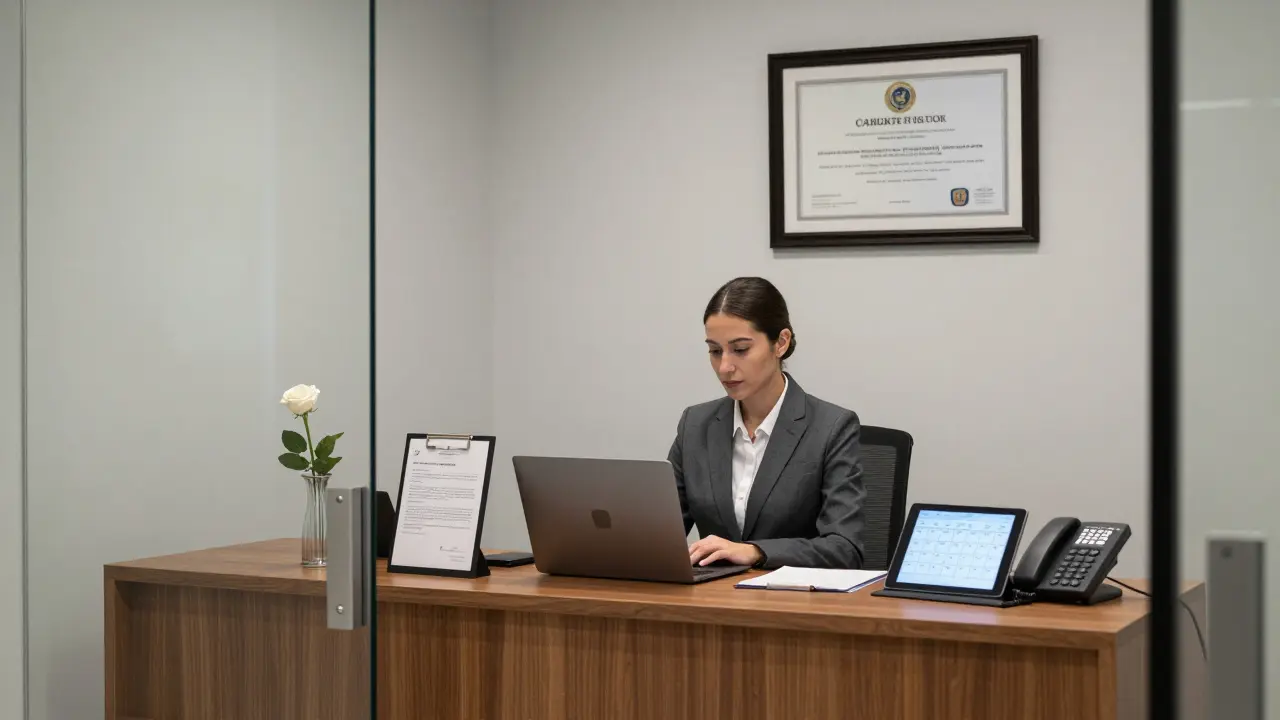 A professional escort agency office in Dubai with visible business license, receptionist, and signed contract, clean and upscale design.