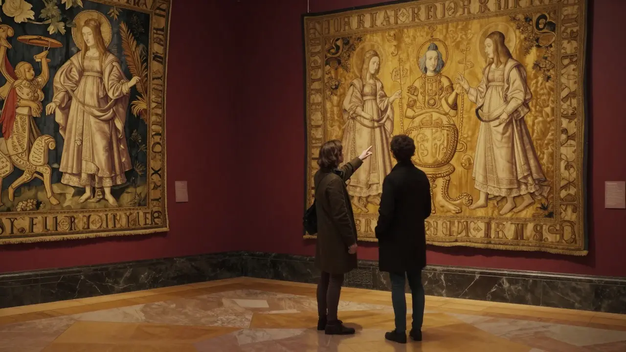 A quiet moment in the Victoria and Albert Museum after hours, two figures admiring Renaissance tapestries under soft lighting.