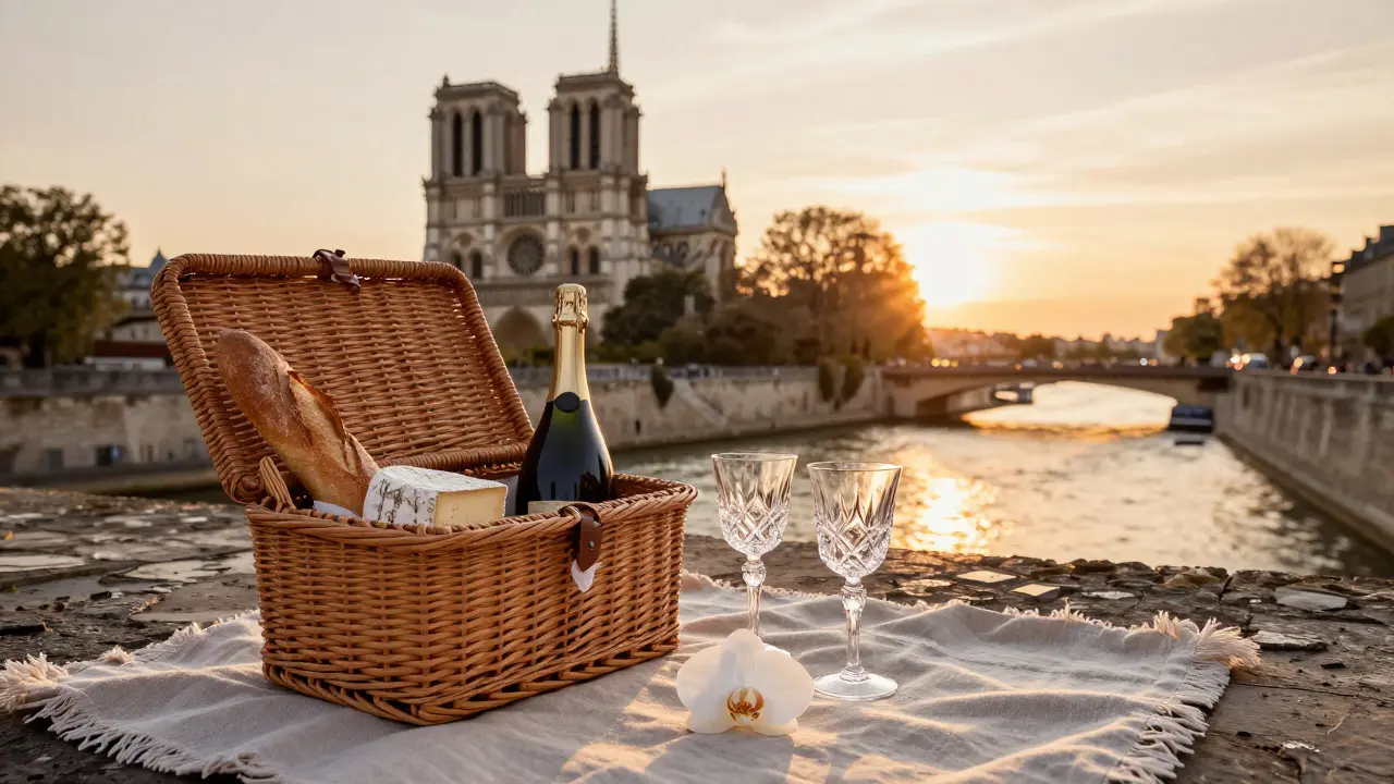A quiet sunset picnic on Île Saint-Louis with champagne, cheese, and a single orchid beside shimmering Seine waters.