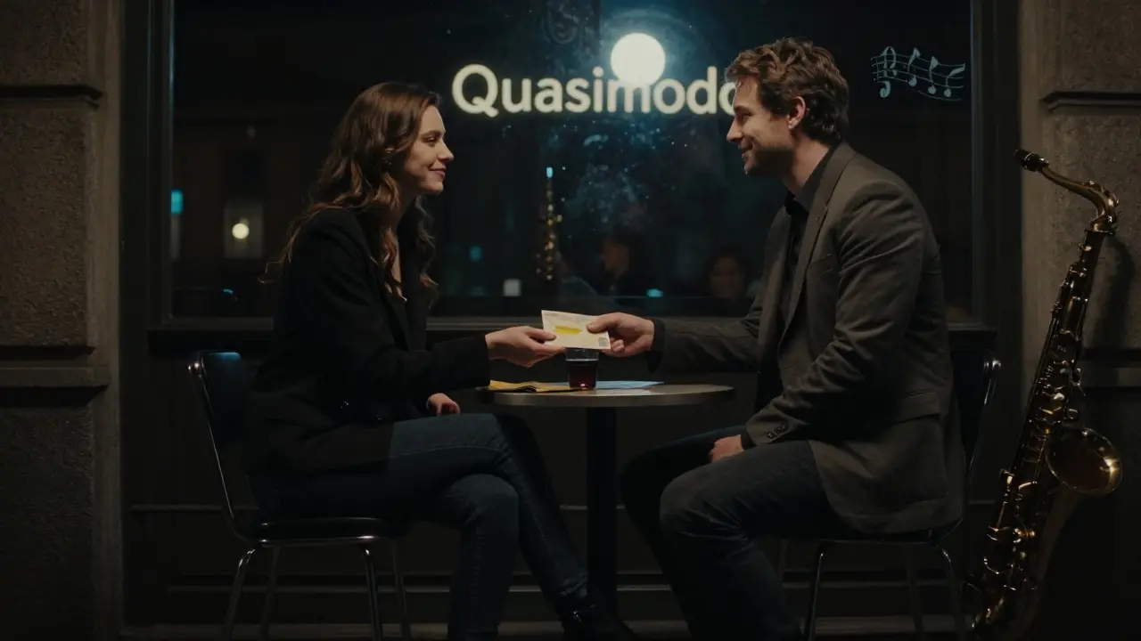 A respectful farewell outside a jazz bar in Berlin, a discreet gesture of appreciation in the night air.