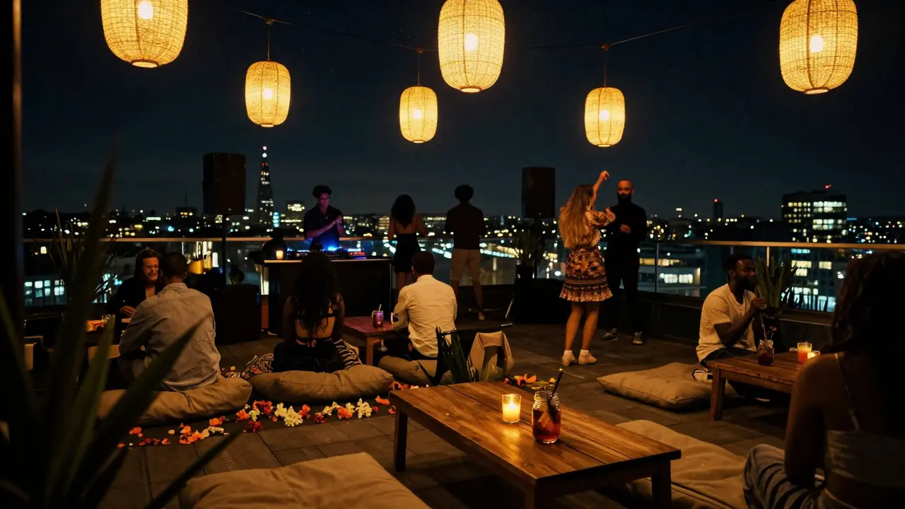 A rooftop party with lanterns and silhouettes dancing under a starlit London sky.