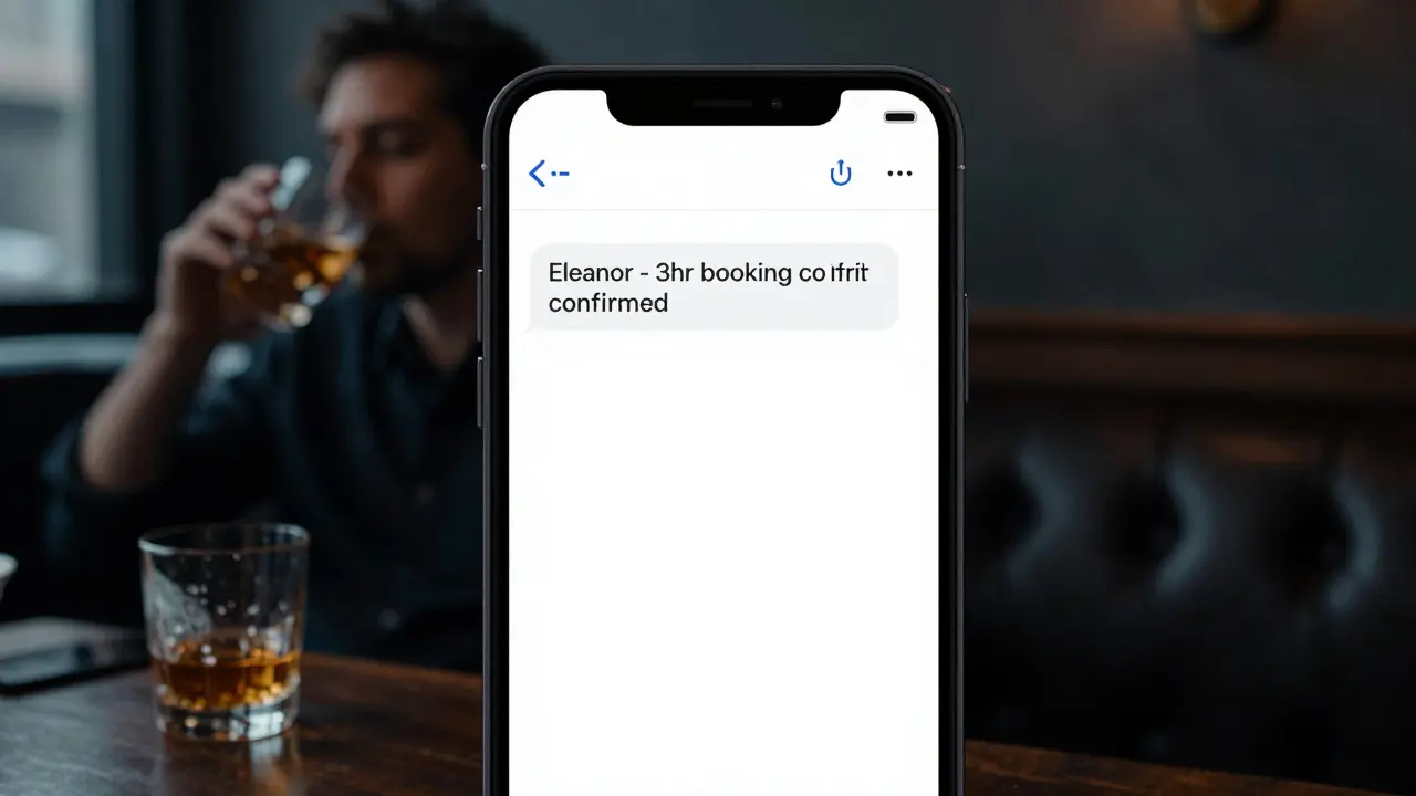 A smartphone displays a private message exchange with a pseudonym, set in a dimly lit jazz bar, emphasizing discretion and anonymity.