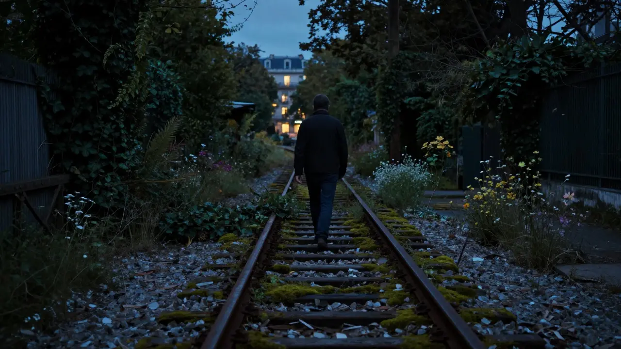 A solitary figure walking among ivy-covered ruins at an abandoned Paris railway site at dusk.