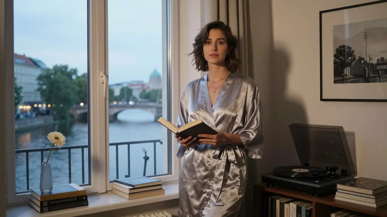 A woman in a silk robe standing by a window in a tasteful Berlin apartment, holding a book.