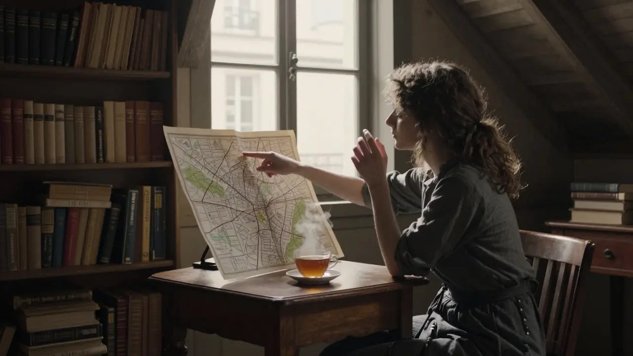 A woman in a sunlit attic apartment pointing to a map of hidden Paris spots.