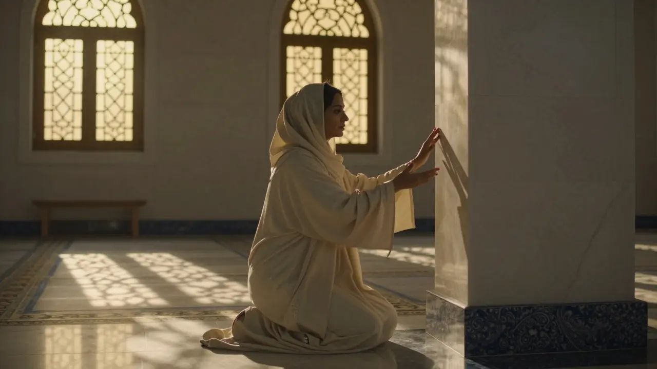 A woman in an abaya shares a quiet moment with a client inside the Sheikh Zayed Grand Mosque at dawn, golden light filtering through arches.