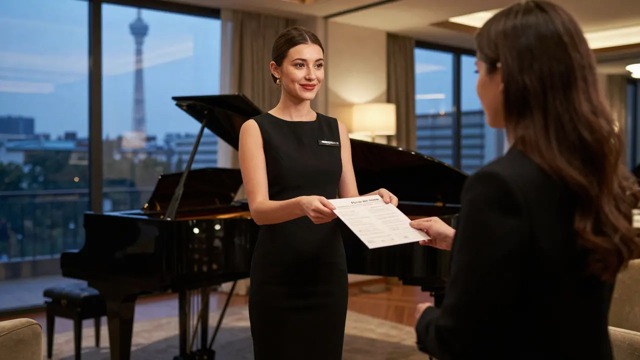 An elegant escort arrives at a luxury hotel lounge in Milan, offering a refined companionship experience.