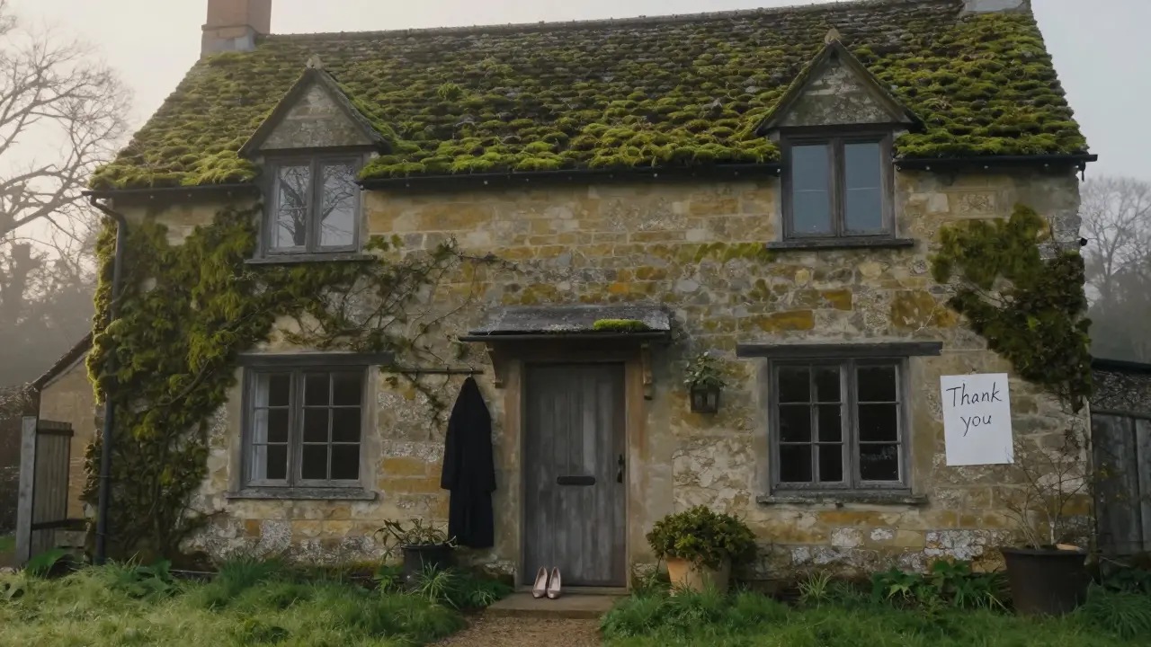 An empty Cotswolds cottage at dawn, with shoes and a coat left behind, conveying quiet departure and discretion.
