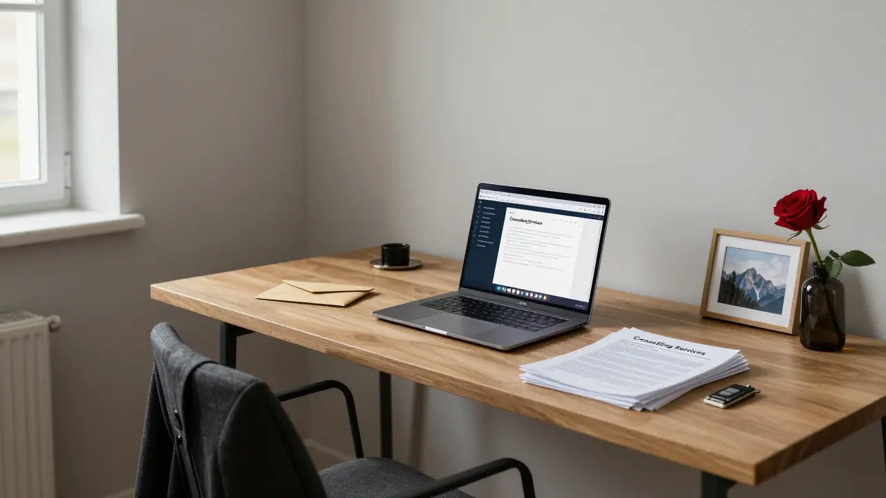 An empty, serene office in Milan with tax documents, encrypted device, and a single rose — symbols of controlled professionalism.