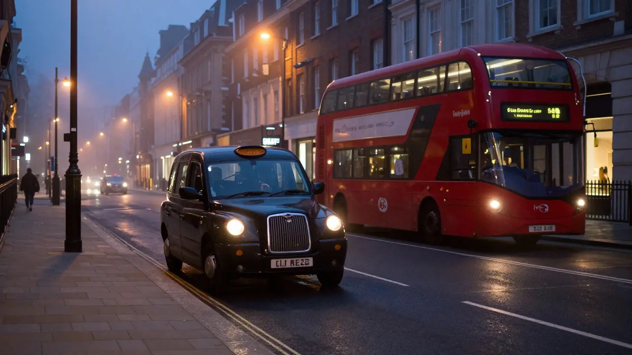 Black taxi and red night bus on quiet misty London street at night.