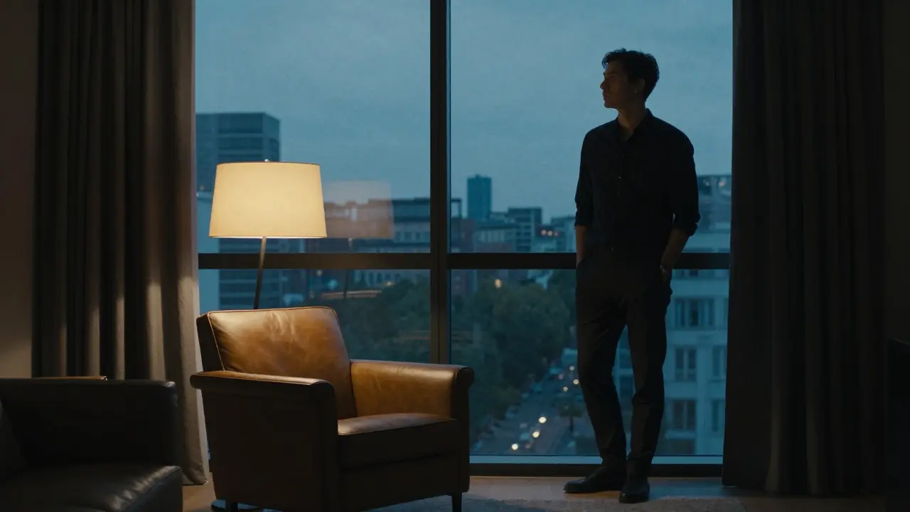 Confident figure standing in luxury room with city view.