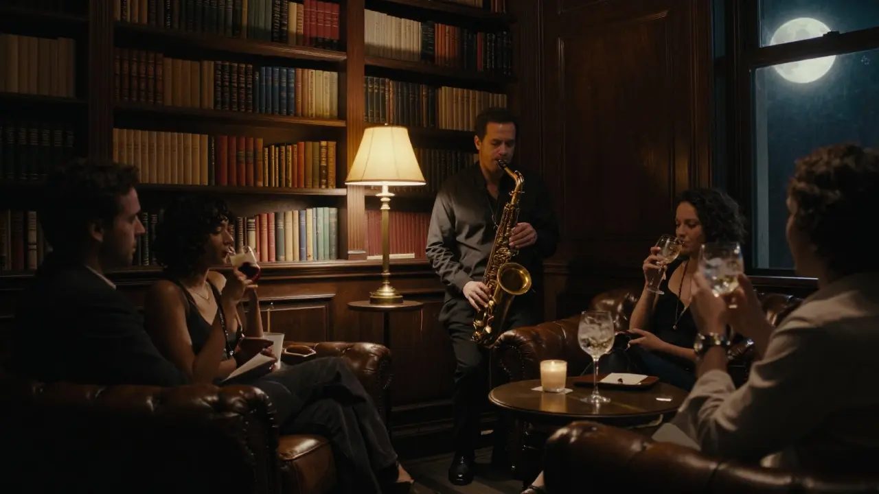 Cozy jazz lounge with saxophonist playing in dim light behind a bookshelf entrance.