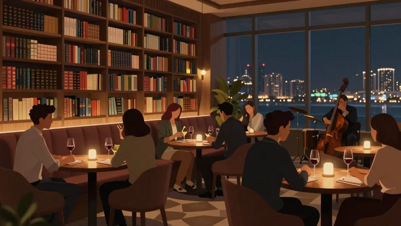 Cozy lounge with bookshelves and jazz music where guests sip wine during happy hour in Abu Dhabi.