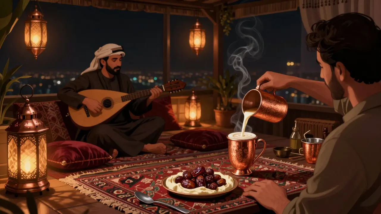 Cozy Middle Eastern-inspired lounge with low seating, copper cups, and live oud music in warm dim lighting.