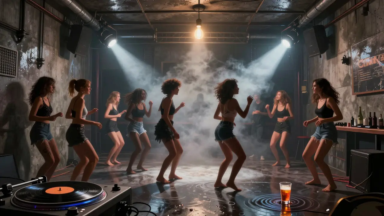 Crowd dancing fiercely in Magazzini Generali's raw industrial club space.