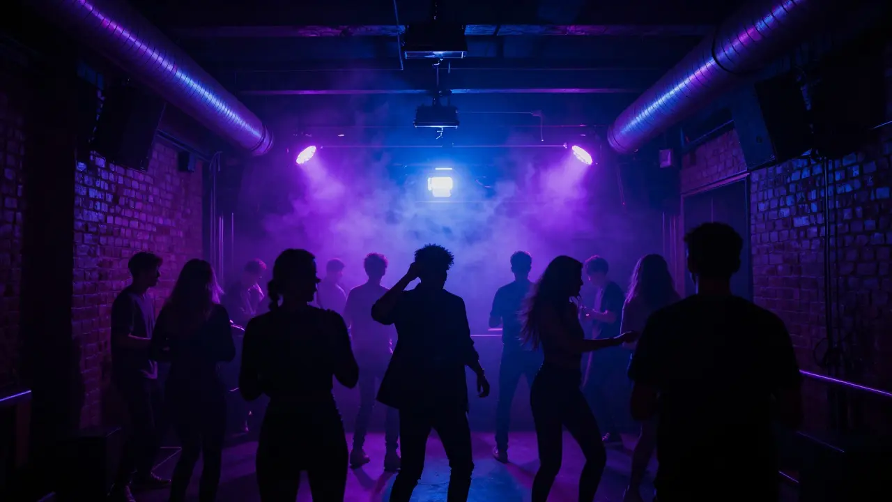 Crowd dancing in an underground club with neon lighting and industrial decor.